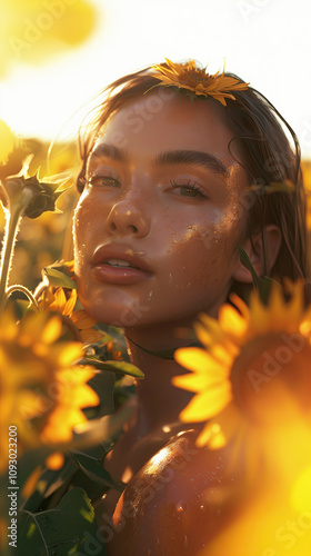 3D Glowing Skin Effect with Sunflower Oil Extract Surrounded by Lush Sunflowers in a Sun-Drenched Field photo