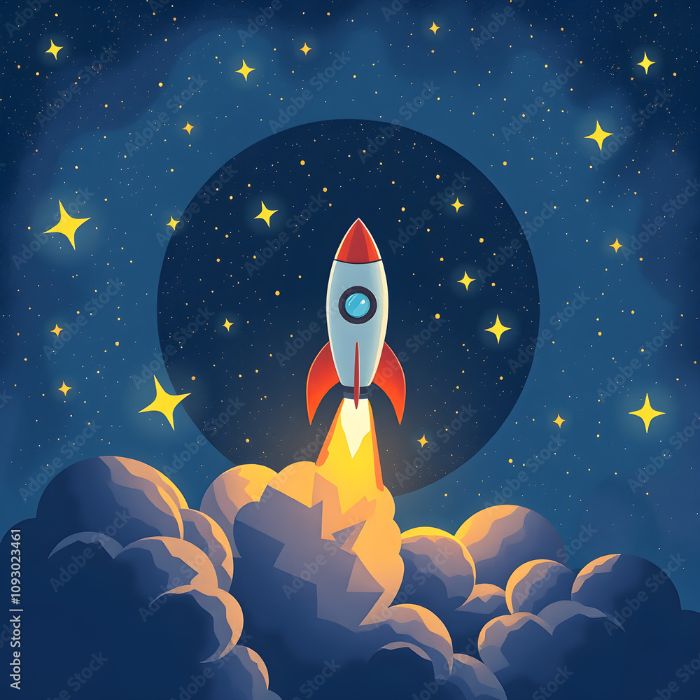 A rocket blasting off into a sky filled with constellations and shooting stars illustration. Generative AI A rocket blasting off into a sky filled with constellations and shooting stars illustration. Generative AI
