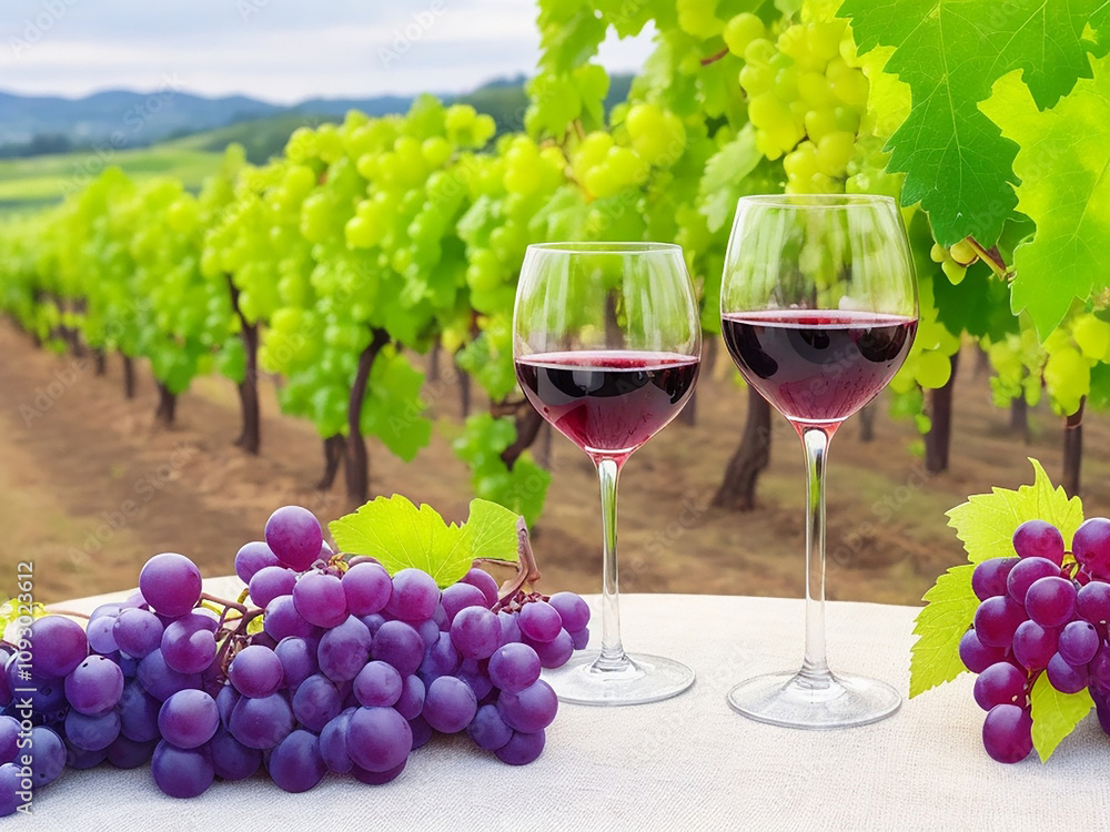 Naklejka premium Wine glasses, wine bottles, vineyard landscape and grapes in nature.