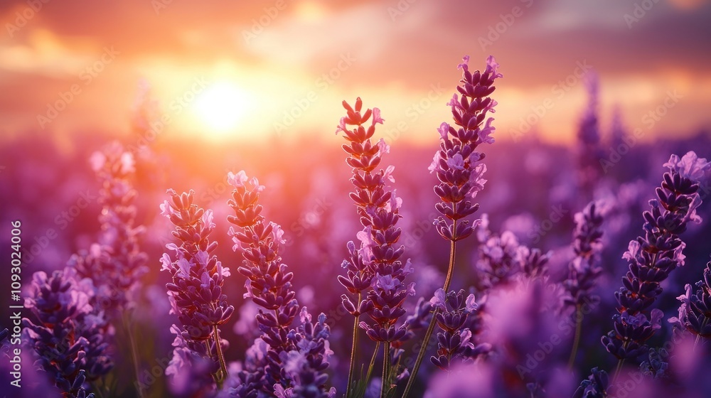 Fototapeta premium Vibrant Lavender Field at Sunset with Golden Hues and Dramatic Cloudy Sky Capturing Nature's Serene Beauty and Tranquility in an Captivating Landscape