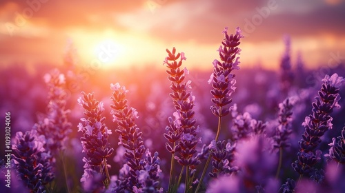 Vibrant Lavender Field at Sunset with Golden Hues and Dramatic Cloudy Sky Capturing Nature's Serene Beauty and Tranquility in an Captivating Landscape