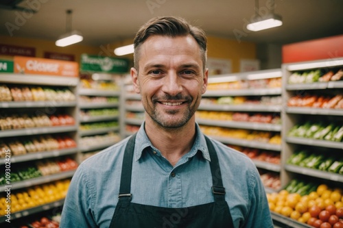 Close portrait of a smiling 40s Slovak male grocer standing and looking at the camera, Slovak grocery store blurred background