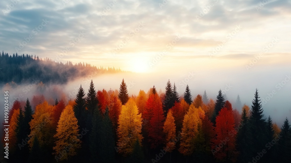 Aerial View of a Vibrant Autumn Forest Displaying Fiery Red and Orange Foliage Surrounded by Misty Landscape at Sunrise Aerial View of a Vibrant Autumn Forest Displaying Fiery Red and Orange Foliage Surrounded by Misty Landscape at Sunrise