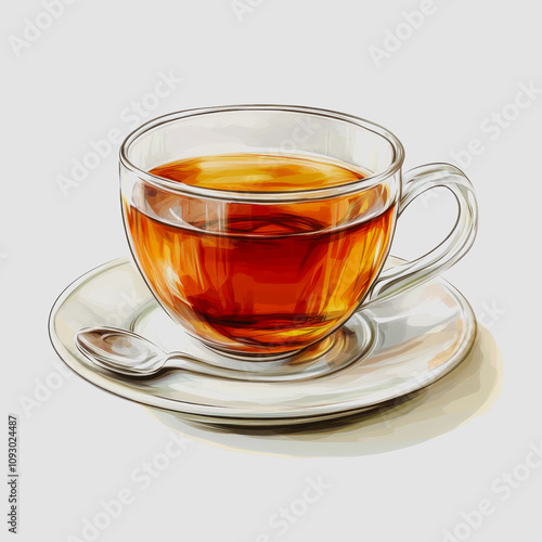 A Close-up View of a Transparent Teacup Filled with Aromatic Brown Tea on a Simple White Saucer with a Small Spoon, Perfect for Tea Lovers and Dining Settings