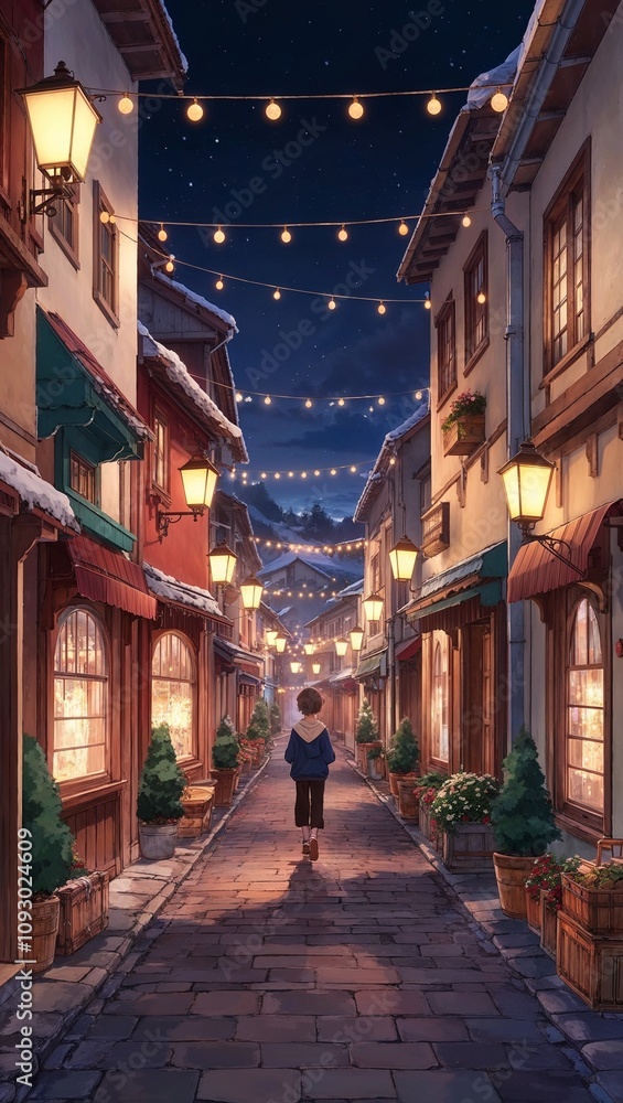 Obraz premium Anime cozy town warm lights calm streets peaceful vibe