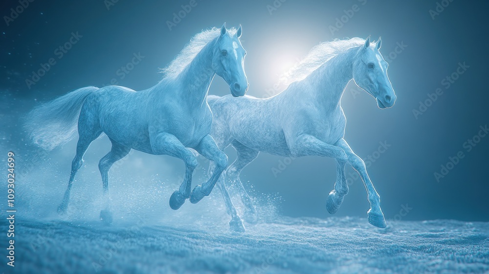 Two ethereal white horses in a luminous icy landscape Two ethereal white horses in a luminous icy landscape