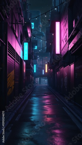 Anime cyberpunk alley glowing lights dark streets futuristic city vibe