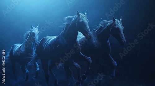 Three mystical horses running through blue darkness