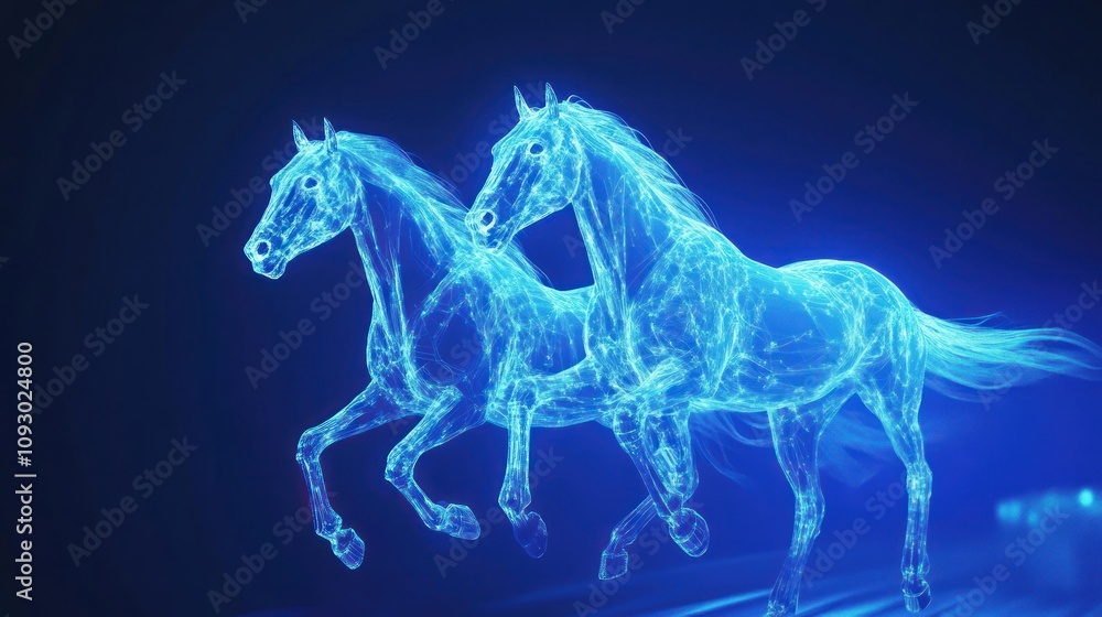Fototapeta premium Digital rendering of horses in motion with neon glow