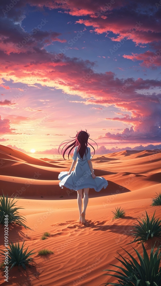 Anime desert landscape golden sands vibrant sunset expansive serene view Anime desert landscape golden sands vibrant sunset expansive serene view