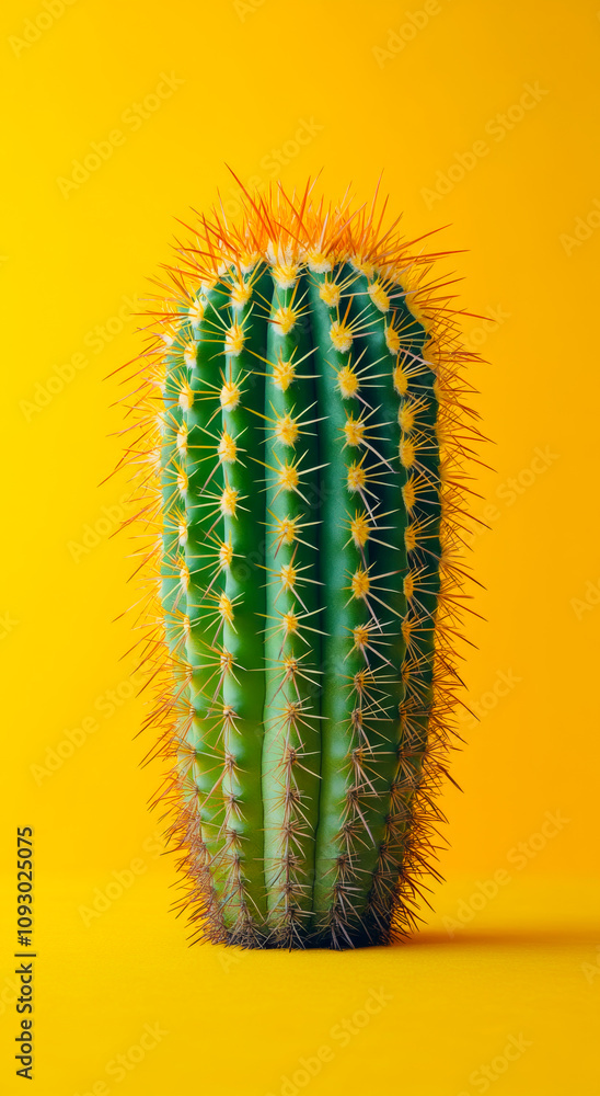 Naklejka premium A tall green cactus with yellow spikes on top. The cactus is standing on a yellow surface