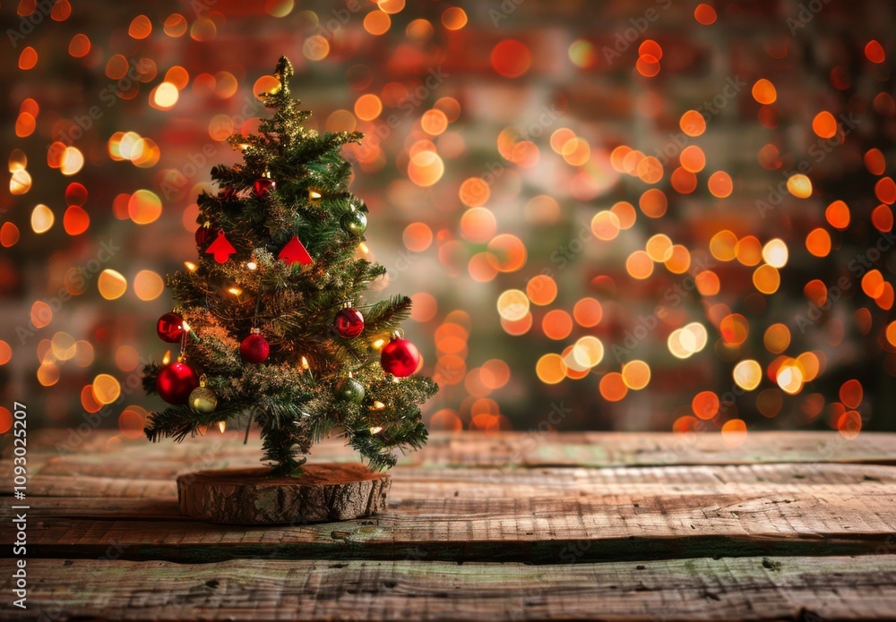 A small Christmas tree with red ornaments sits on a wooden table. The tree is surrounded by a blurry background, giving the image a dreamy, festive atmosphere A small Christmas tree with red ornaments sits on a wooden table. The tree is surrounded by a blurry background, giving the image a dreamy, festive atmosphere