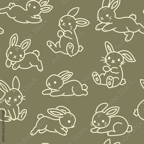 Vector seamless pattern with cute baby bunny. Gender neutral repeat print for kids. Simple hand drawn line art rabbits for newborn.