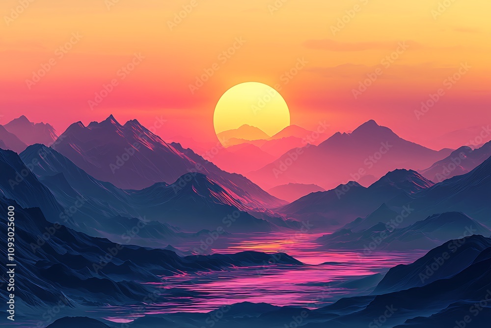 A stunning sunset illuminates a mountain landscape, with vibrant colors reflecting on a serene river, creating a tranquil and picturesque scene. A stunning sunset illuminates a mountain landscape, with vibrant colors reflecting on a serene river, creating a tranquil and picturesque scene.
