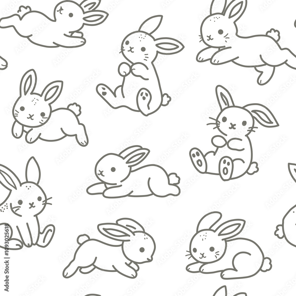 Vector seamless pattern with cute baby bunny. Gender neutral repeat print for kids. Simple hand drawn line art rabbits for newborn. Vector seamless pattern with cute baby bunny. Gender neutral repeat print for kids. Simple hand drawn line art rabbits for newborn.
