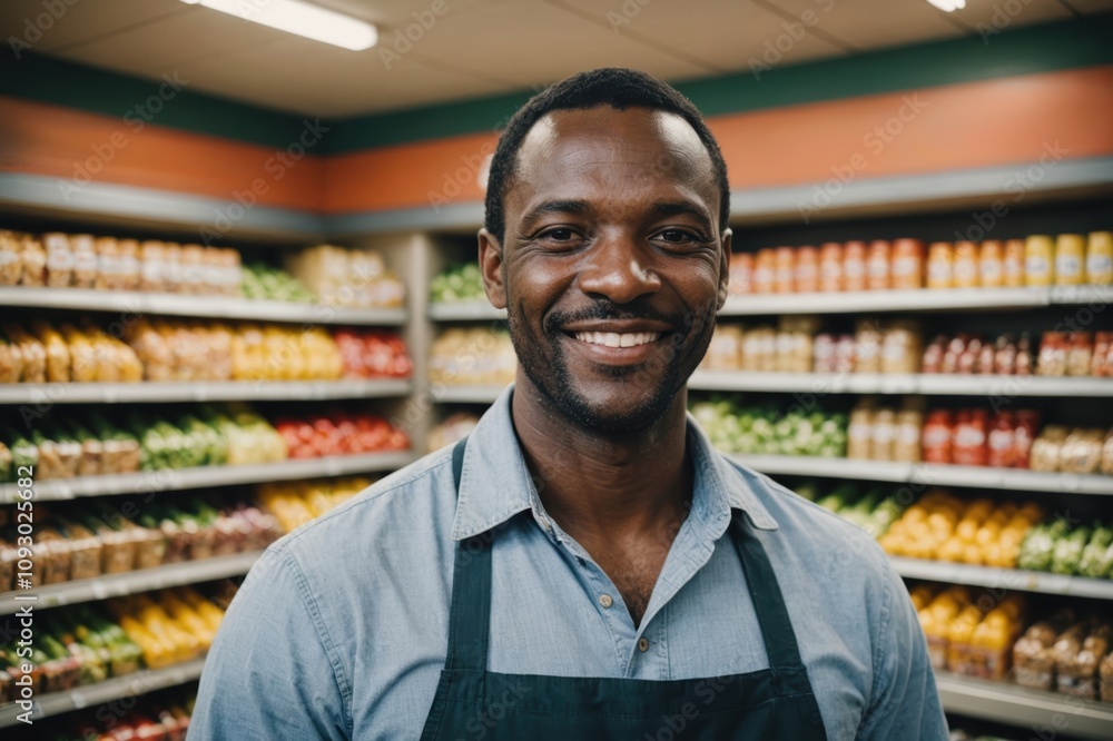 Close portrait of a smiling 40s South African male grocer standing and looking at the camera, South African grocery store blurred background Close portrait of a smiling 40s South African male grocer standing and looking at the camera, South African grocery store blurred background