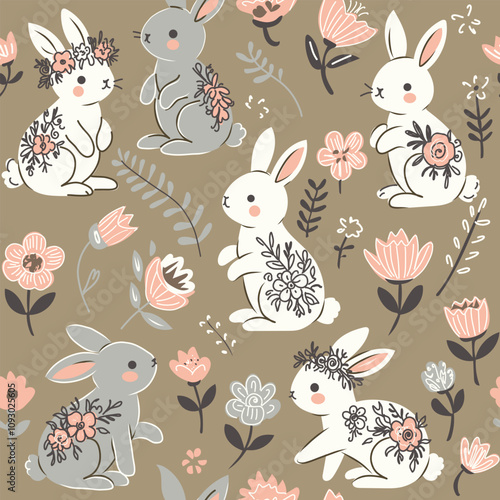 Hand drawn vector Illustration of Cute Bunny with seamless pattern. Can be used for baby t-shirt print, fashion print design, kids wear, baby shower celebration greeting and invitation card