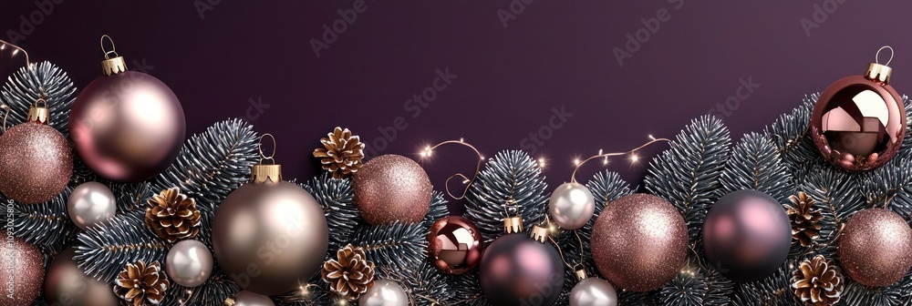 Deep plum backdrop with oversized champagne elements, accented by rose gold, slate gray, and pearl white for an elegant Christmas feel Deep plum backdrop with oversized champagne elements, accented by rose gold, slate gray, and pearl white for an elegant Christmas feel
