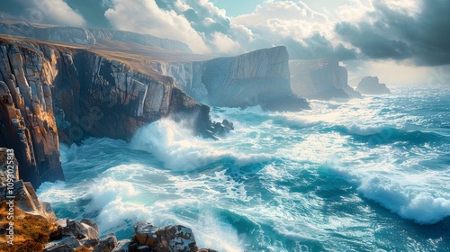 The photo highlights the rugged coastline with crashing waves against dramatic cliffs, Photography, National Geographic Style, spectacular backdrops, vivid visuals, an awe-inspiring collection, photor photo