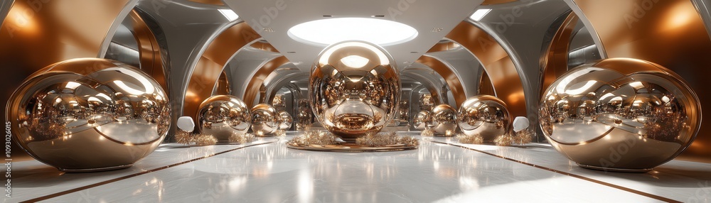 Futuristic metallic interior showcasing stunning reflective surfaces and elegant curves, ideal for modern design inspiration.