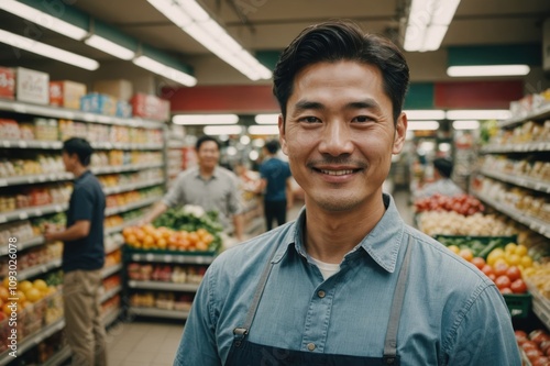 Close portrait of a smiling 40s South Korean male grocer standing and looking at the camera, South Korean grocery store blurred background