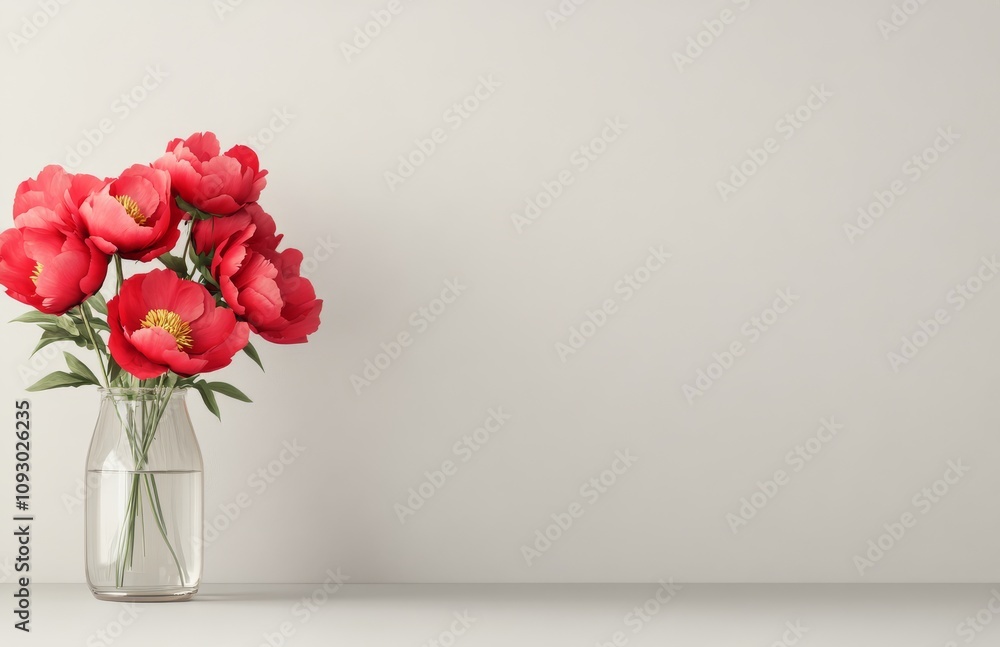 Bright peonies in a clear vase on a minimalistic white table against a light background Bright peonies in a clear vase on a minimalistic white table against a light background