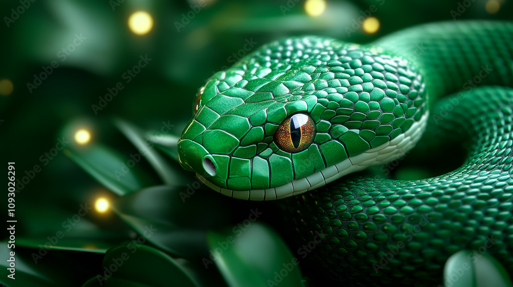 Fototapeta premium A green snake with a yellow eye is laying on a leafy green background. The snake is the main focus of the image, and the green leaves provide a natural and calming atmosphere