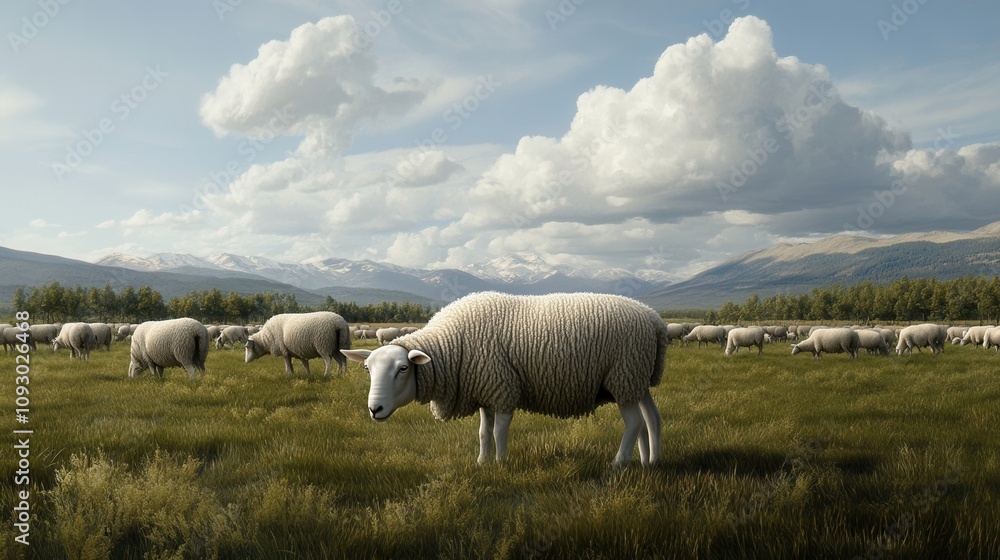 Fototapeta premium A serene landscape featuring a flock of sheep grazing in a lush green field under a cloudy sky.
