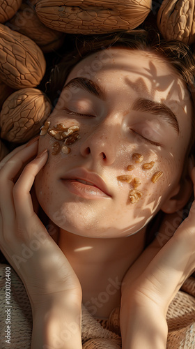 adiant Skin Model Featuring Walnut Extract Surrounded by Fresh Walnuts and Autumn Leaves photo