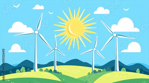 Flat design depicting wind turbines generating clean renewable energy on lush green hills under a bright sunny sky Showcasing sustainable eco friendly power production in a picturesque