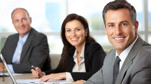 Group of Smiling Professionals Discussing Project Around Conference Table