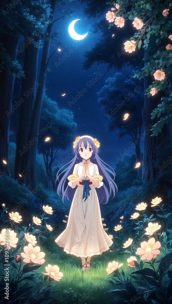 Anime enchanted night glowing flowers peaceful forest magical atmosphere