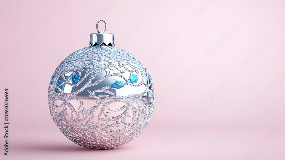 Elegant silver christmas ornament festive celebration decorative item soft pink background close-up view holiday spirit Elegant silver christmas ornament festive celebration decorative item soft pink background close-up view holiday spirit