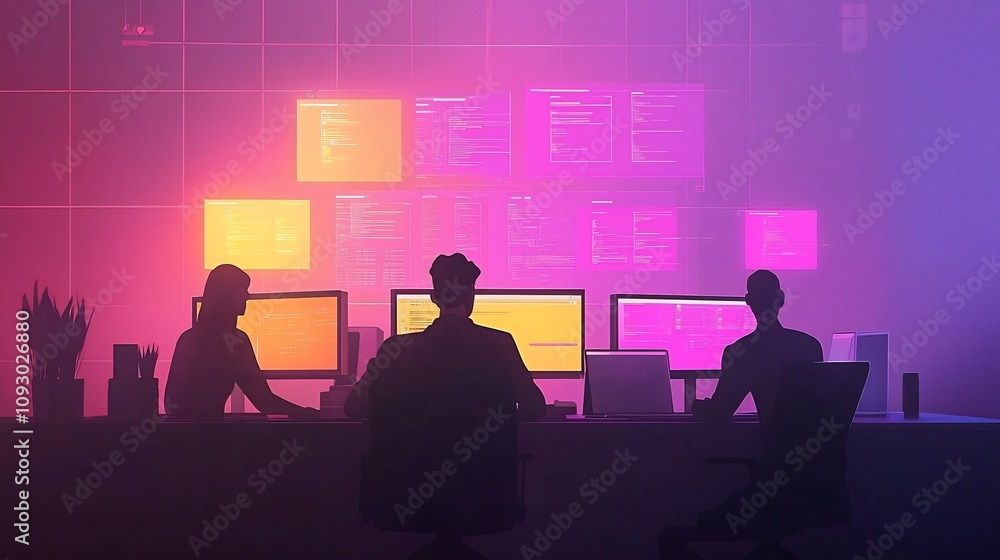 Flat design of a digital marketing team working together at a desk with glowing computer screens displaying campaign performance data and analytics dashboards Flat design of a digital marketing team working together at a desk with glowing computer screens displaying campaign performance data and analytics dashboards