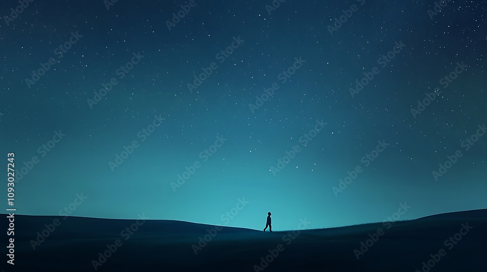 A solitary figure stands beneath a starry night sky, surrounded by a tranquil, dark landscape illuminated by soft blue hues. A solitary figure stands beneath a starry night sky, surrounded by a tranquil, dark landscape illuminated by soft blue hues.