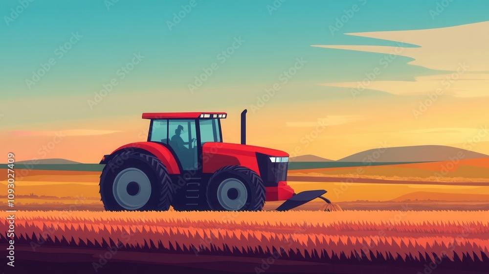 A vibrant illustration of a red tractor working in a golden field during sunset, showcasing the beauty of agriculture and rural landscapes. A vibrant illustration of a red tractor working in a golden field during sunset, showcasing the beauty of agriculture and rural landscapes.