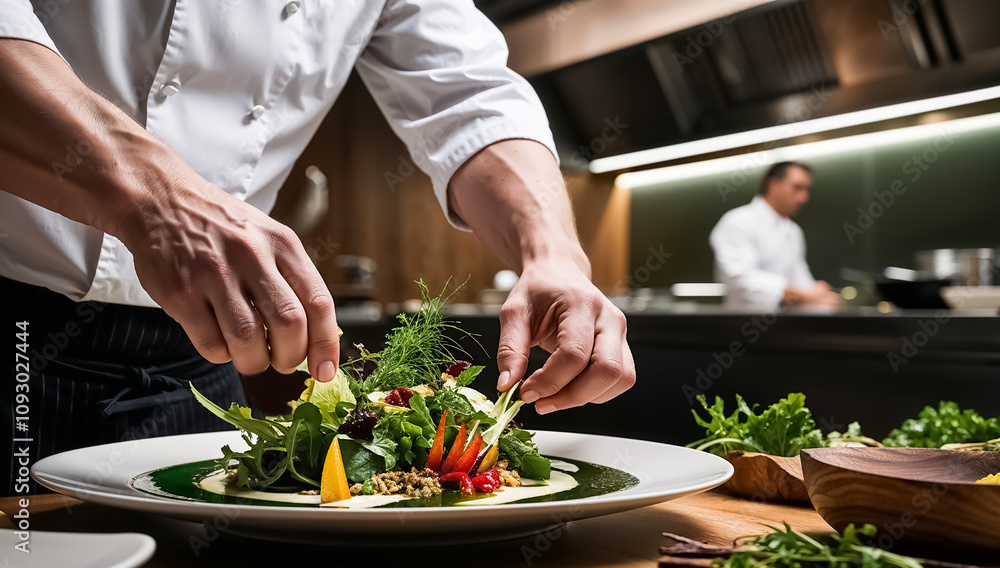 hands of chef preparing fresh salad in restaurant kitchen hands of chef preparing fresh salad in restaurant kitchen
