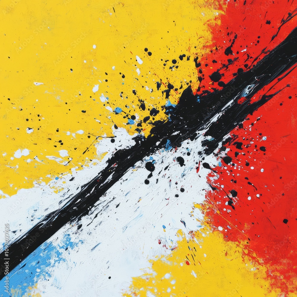 Abstract painting with yellow, red, black, and white splatters and brushstrokes. Abstract painting with yellow, red, black, and white splatters and brushstrokes.