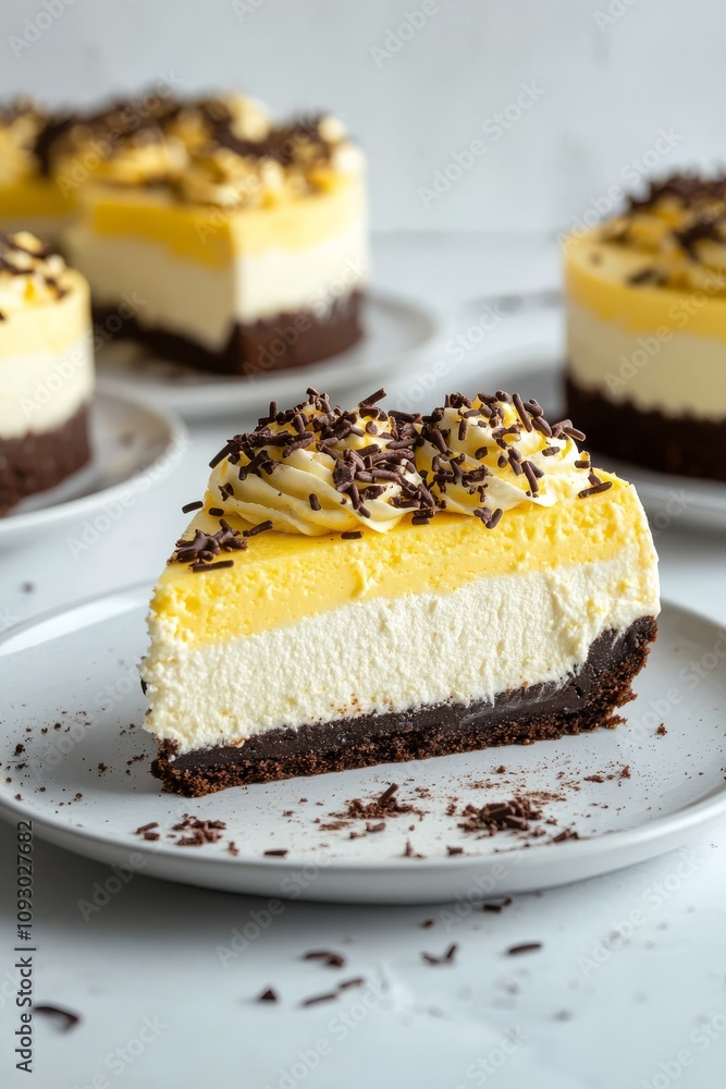 Delicious cheesecake slice with yellow topping and chocolate garnish on a white plate Delicious cheesecake slice with yellow topping and chocolate garnish on a white plate