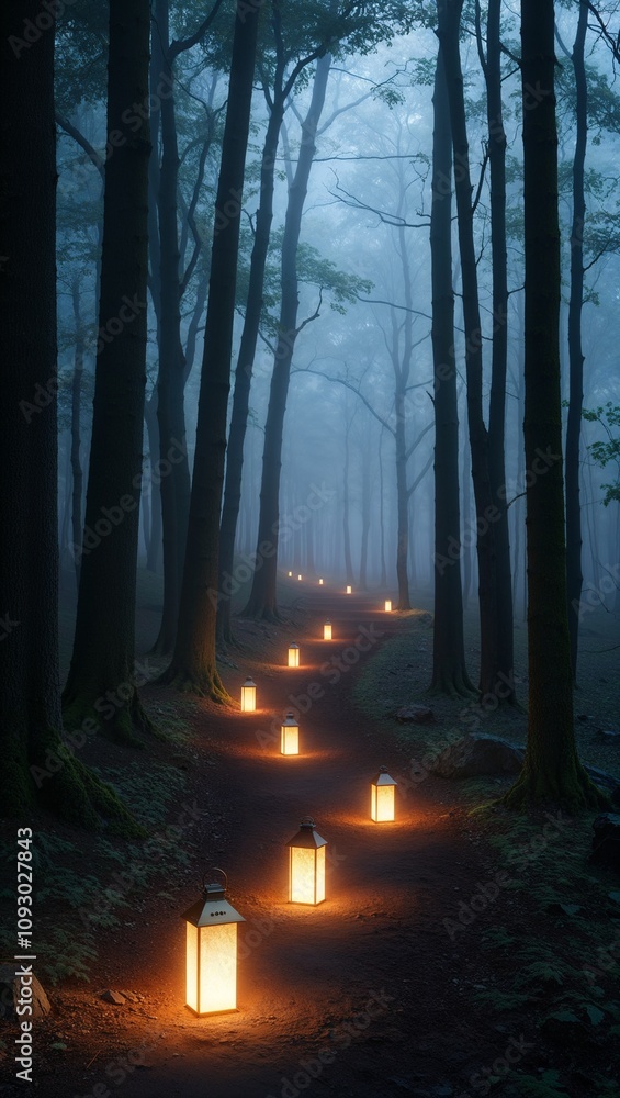 Fototapeta premium Anime forest path glowing lanterns misty atmosphere peaceful nature escape
