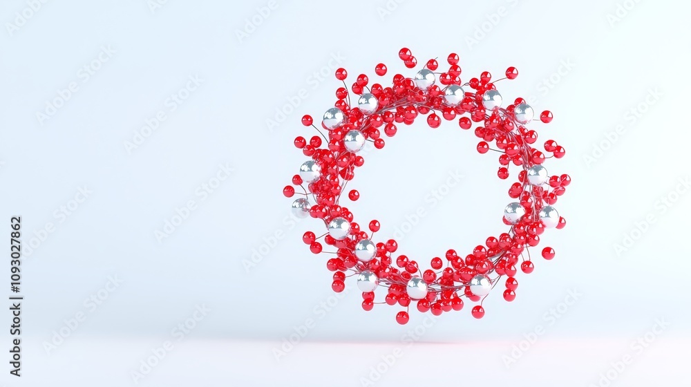 Radiant red berry wreath display modern art exhibit 3d graphic design minimalist setting creative viewpoint seasonal concept Radiant red berry wreath display modern art exhibit 3d graphic design minimalist setting creative viewpoint seasonal concept