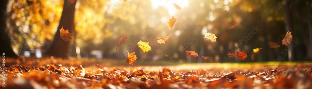 Naklejka premium Autumn leaves gently falling in a serene park nature golden hour peaceful atmosphere
