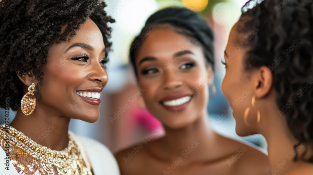 Three women laughing and engaging in conversation at a vibrant social event during a sunny afternoon