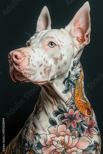 Tattooed dog with elegant floral and koi designs photo