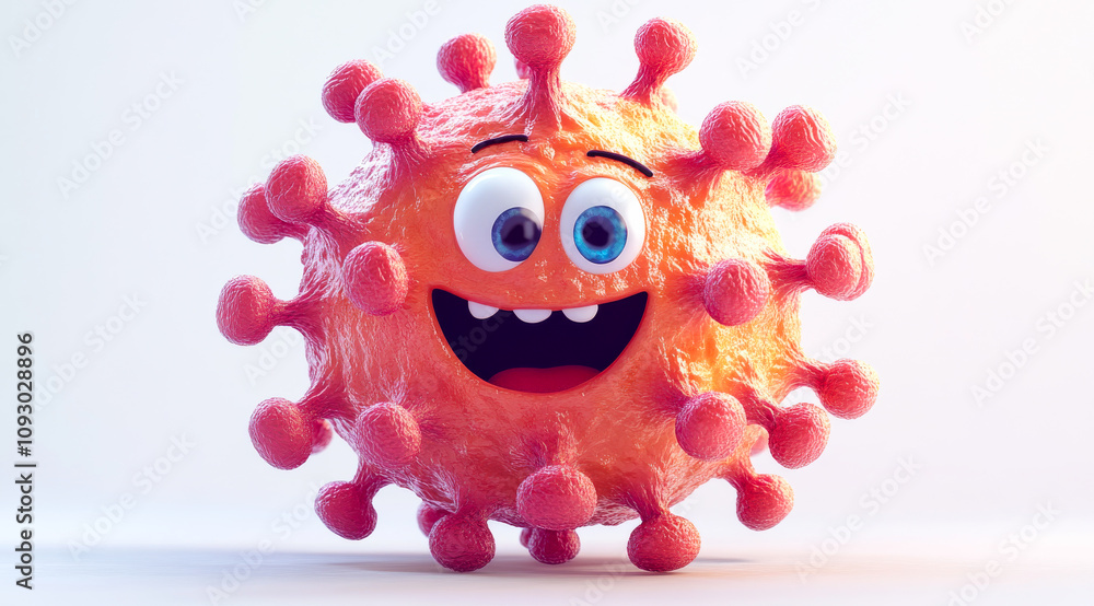 A cartoonish orange virus with blue eyes and a big smile. The virus is happy and he is enjoying itself A cartoonish orange virus with blue eyes and a big smile. The virus is happy and he is enjoying itself