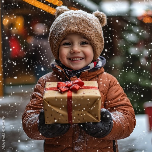 Smiling girl holding wrapped gift for Christmas, birthday. Bokeh lights background, falling snowflakes. Celebration concept photo