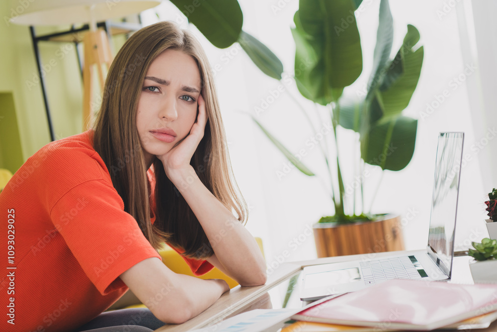 Photo of nice young girl tired deadline freelancer working wear orange clothes enjoy modern bright cozy spring interior flat indoors Photo of nice young girl tired deadline freelancer working wear orange clothes enjoy modern bright cozy spring interior flat indoors
