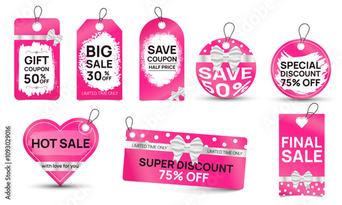 set of pink discount tags and labels, special offers collection