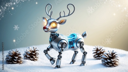 A whimsical robot reindeer standing in a snowy winter wonderland, its shimmering metallic body adorned with intricate circuits and glowing blue accents