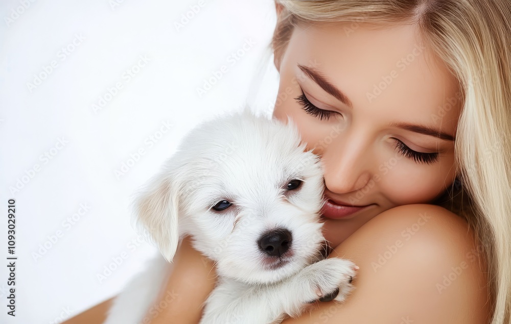Young woman smiles while holding a small puppy against a light background Young woman smiles while holding a small puppy against a light background